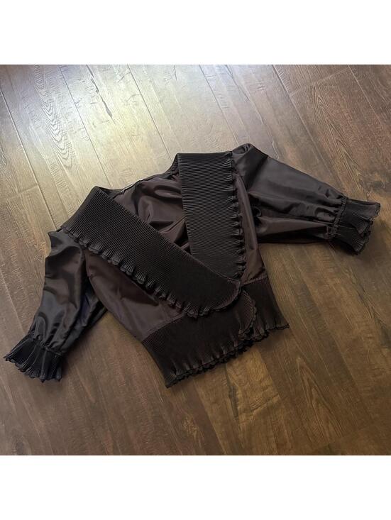 American Vintage Tops - Victorian Inspired VTG 80s Top Brown Ruffled Puff Sleeve Satin Blouse XS/S